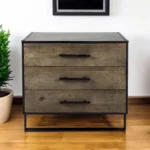 Goldoma brown and black distressed accent cabinet with three drawers made of solid mango wood
