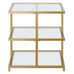 Goldoma brass and glass end table with two shelves, clear glass top, and brass steel base for living room