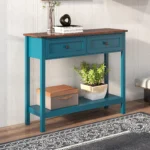 Goldoma farmhouse console table with storage drawers in rustic blue finish, perfect for entryway organization