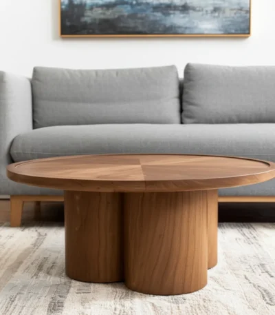 Goldoma 39-inch natural solid wood round pedestal coffee table with mango oak and scalloped base in living room