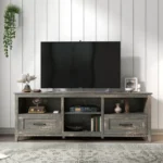 70-inch TV stand with black pine finish, featuring four open compartments and two drawers for media storage