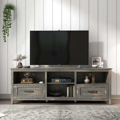 Hf439c25b43694eeda30d2f5e365f1d92J.webp 70-inch TV stand with black pine finish, featuring four open compartments and two drawers for media storage