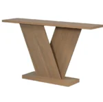 Modern solid wood console table with V-base and storage shelf in a living room
