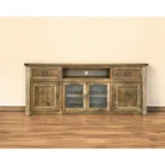Large TV media console - Goldoma 80-inch brown distressed TV stand with solid pine wood, enclosed storage, and cable management for rustic living room