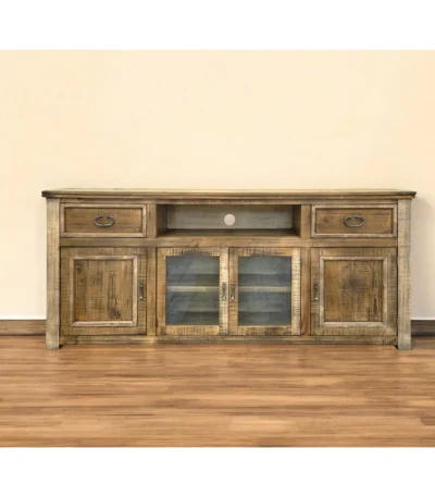 Large TV media console - Goldoma 80-inch brown distressed TV stand with solid pine wood, enclosed storage, and cable management for rustic living room