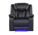 Goldoma LED power recliner in black faux leather with built-in LED lighting, wood legs, and power recline controls