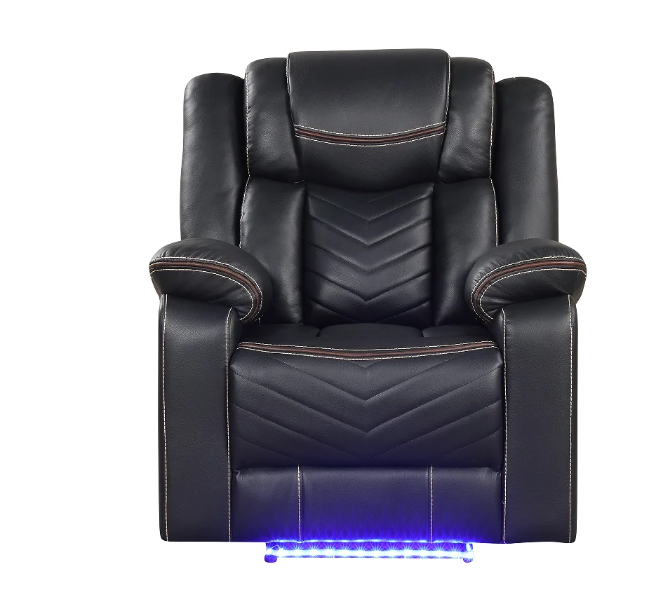 Hf5920c53a1af4271bc2e74c8056879241.webp Goldoma LED power recliner in black faux leather with built-in LED lighting, wood legs, and power recline controls