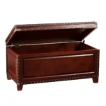 Brown solid wood coffee table with hidden storage in living room setting