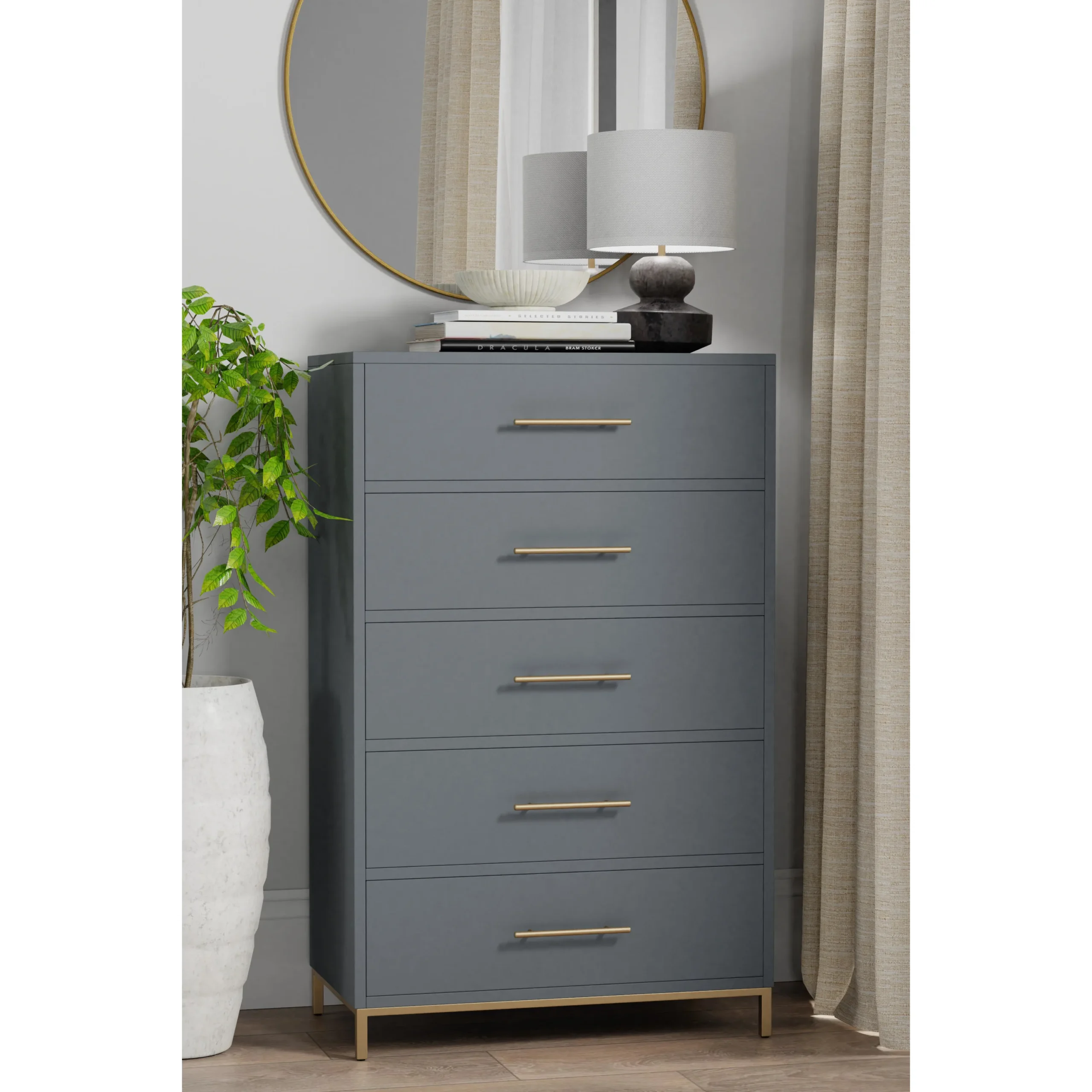 Goldoma 33-Inch 5-Drawer Dresser Gray Solid Wood for Bedroom