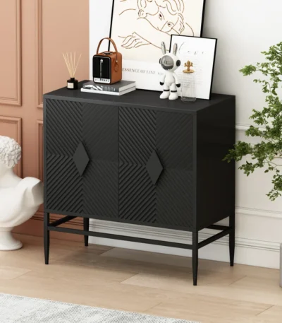 Goldoma modern storage cabinet with adjustable shelf – black 2-door MDF cabinet with fluted doors and metal legs for living room