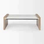 Goldoma 48-inch marble coffee table with natural wood sled base in living room