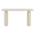 Modern acacia veneer console table in gray and black finish placed in an entryway with decorative items on top