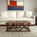 Goldoma 48-inch solid oak coffee table with wabi-sabi geometric lattice base and clear tempered glass top
