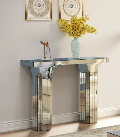 Goldoma mirrored solid wood console table with bling silver glass top in a modern entryway