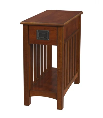 Goldoma 24-inch light brown end table with drawer and shelf in a rustic living room setting