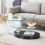 Goldoma double layer coffee table with white marble top and wood grain base in living room setting