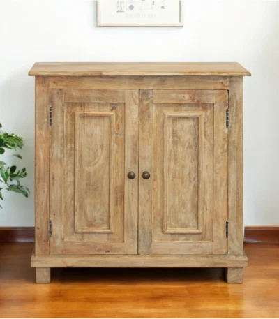 Goldoma 34 inch solid wood sideboard cabinet in light brown with two doors and adjustable shelves for living room storage