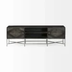Goldoma 16 inch dark brown antique solid wood console table placed in a narrow entryway with decor items