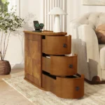 Goldoma adjustable end table with charging station and drawer in natural oak finish, featuring four-leaf clover top