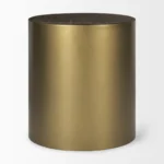 Goldoma 22-inch drum end table with hidden storage, antiqued gold metal base and brown solid wood top in a living room setting