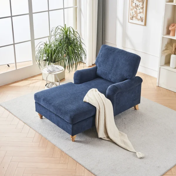 Goldoma Oversized Chaise Lounger - Blue Chenille Comfort Sleeper Sofa with Solid Wood Legs