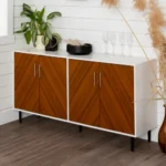Goldoma mid-century console table with faux-bookmatch doors in white and teak, featuring two cabinets and metal legs, placed in a living room setting