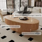 Goldoma 43.7-inch oval drum coffee table in walnut finish with solid wood top and MDF base on a modern living room floor