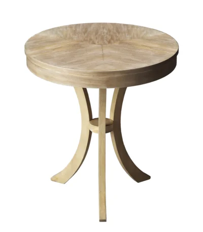 Goldoma 26 inch beige distressed round three-leg end table in a living room setting