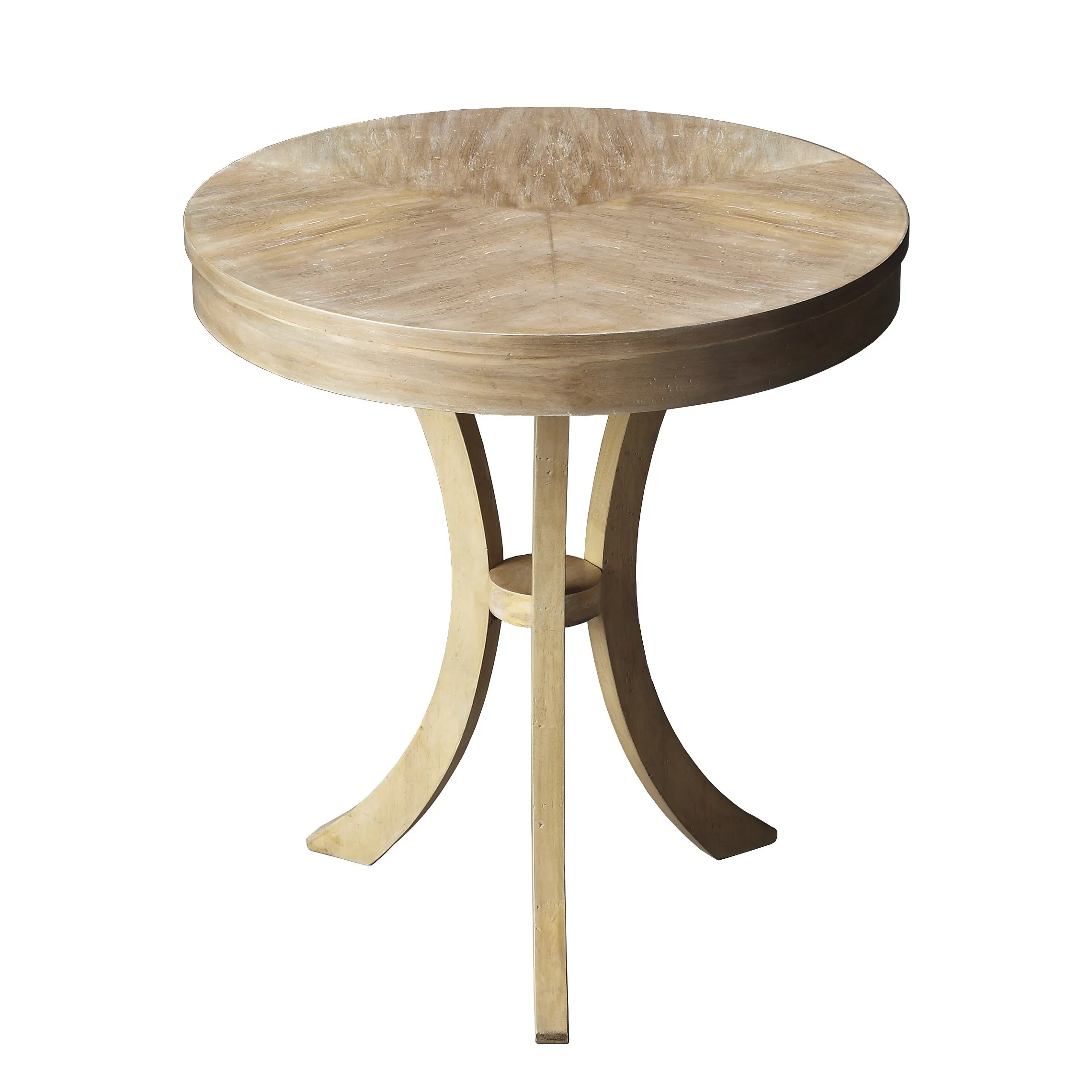 Hf886324b92834a47a9261e086f9a5065p.webp Goldoma 26 inch beige distressed round three-leg end table in a living room setting