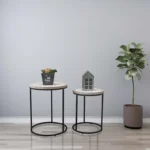 Farmhouse end table set of 2 with carved MDF tops and black metal sled bases in washed white