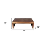 Goldoma 54-inch solid wood coffee table with copper-brass metal frame on living room floor