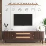 Goldoma modern farmhouse rattan TV stand for TVs up to 75 inches with solid wood legs and storage cabinets
