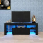 Goldoma modern TV stand with LED lights and adjustable storage in a living room
