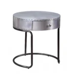 Goldoma 21 inch round end table with drawer - silver aluminum top and wood base side table