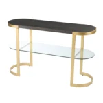 Goldoma 49 inch gray and gold oval console table with solid wood top and storage shelf in a living room