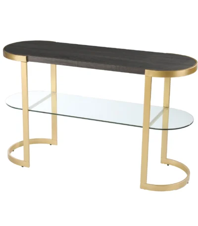 Goldoma 49 inch gray and gold oval console table with solid wood top and storage shelf in a living room