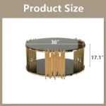 Modern circular coffee table with stainless steel base and tempered glass top on wooden floor