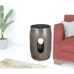 Goldoma nickel iron round end table with rivet detailing and convenient cutout for easy carrying