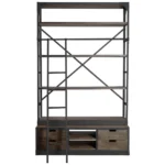 Goldoma 94-inch ladder bookcase with brown MDF shelves and black metal frame in a living room