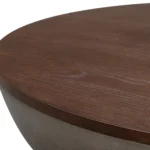 Goldoma 48-inch round solid wood and concrete coffee table with brown top and gray base in a living room