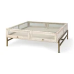 Goldoma 44 inch off-white glass top shadowbox coffee table with two drawers and gold legs in living room