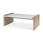 Goldoma 48-inch marble coffee table with natural wood sled base in living room