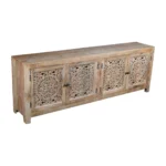 Goldoma 86" solid wood TV stand with hand-carved floral details and distressed finish in natural wood tone