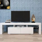 Goldoma wood TV stand with lift top for 60-64 inch TVs, featuring a modern design and adjustable shelves
