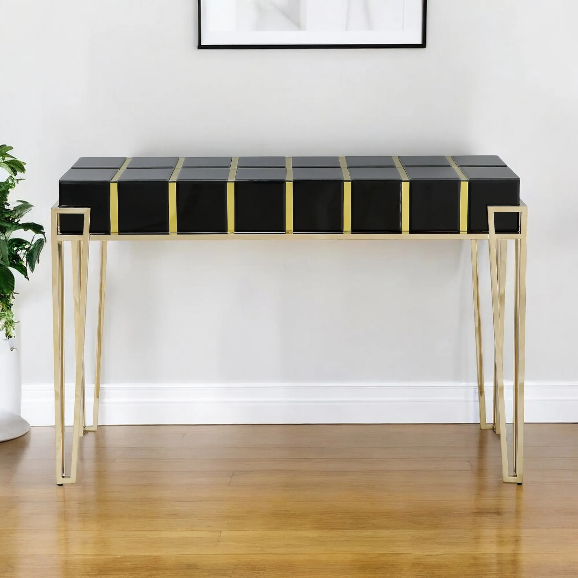 Hfcf6470b9c7d488db0592019a52694e07.webp Black and gold mirrored glass console table 47 inch with gold hairpin legs in entryway decor setting
