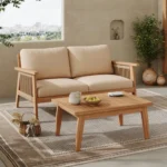Outdoor Durable 2pc Acacia Wood & Rope Modern Patio Chat Set Waterproof Fabric Loveseat + Coffee Table for Garden