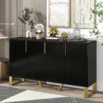 Modern solid wood dining room buffet with four doors and metal handles in a stylish home setting