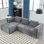 Modern L-shaped sectional sofa with chaise lounge in beige chenille fabric featuring deep seating and side pocket