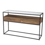 Goldoma 48-inch glass console table with black metal frame and lower shelf in modern living room