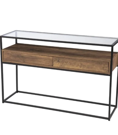 Goldoma 48-inch glass console table with black metal frame and lower shelf in modern living room